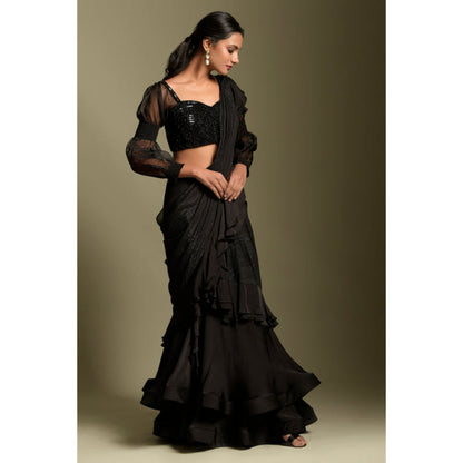"Two Sisters" by Gyans Black Embellished Pre-draped Saree with Stitched Blouse