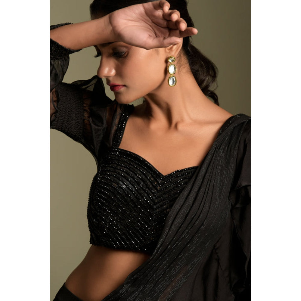 "Two Sisters" by Gyans Black Embellished Pre-draped Saree with Stitched Blouse