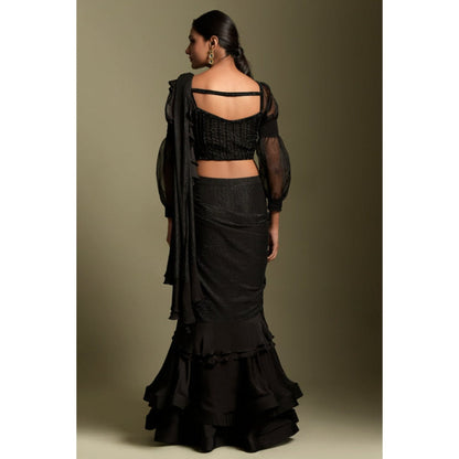 "Two Sisters" by Gyans Black Embellished Pre-draped Saree with Stitched Blouse