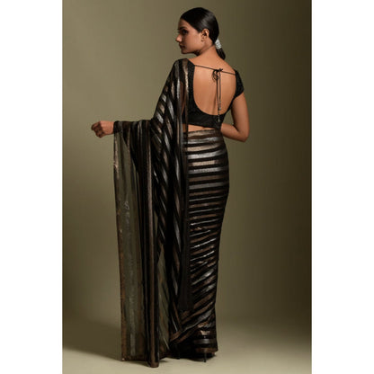 "Two Sisters" by Gyans Black Georgette Stripes Cap Pre-draped Saree with Stitched Blouse