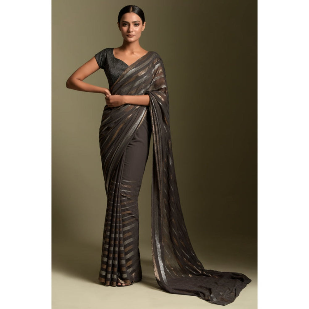 "Two Sisters" by Gyans Grey Georgette Stripes Cap Pre-draped Saree with Stitched Blouse