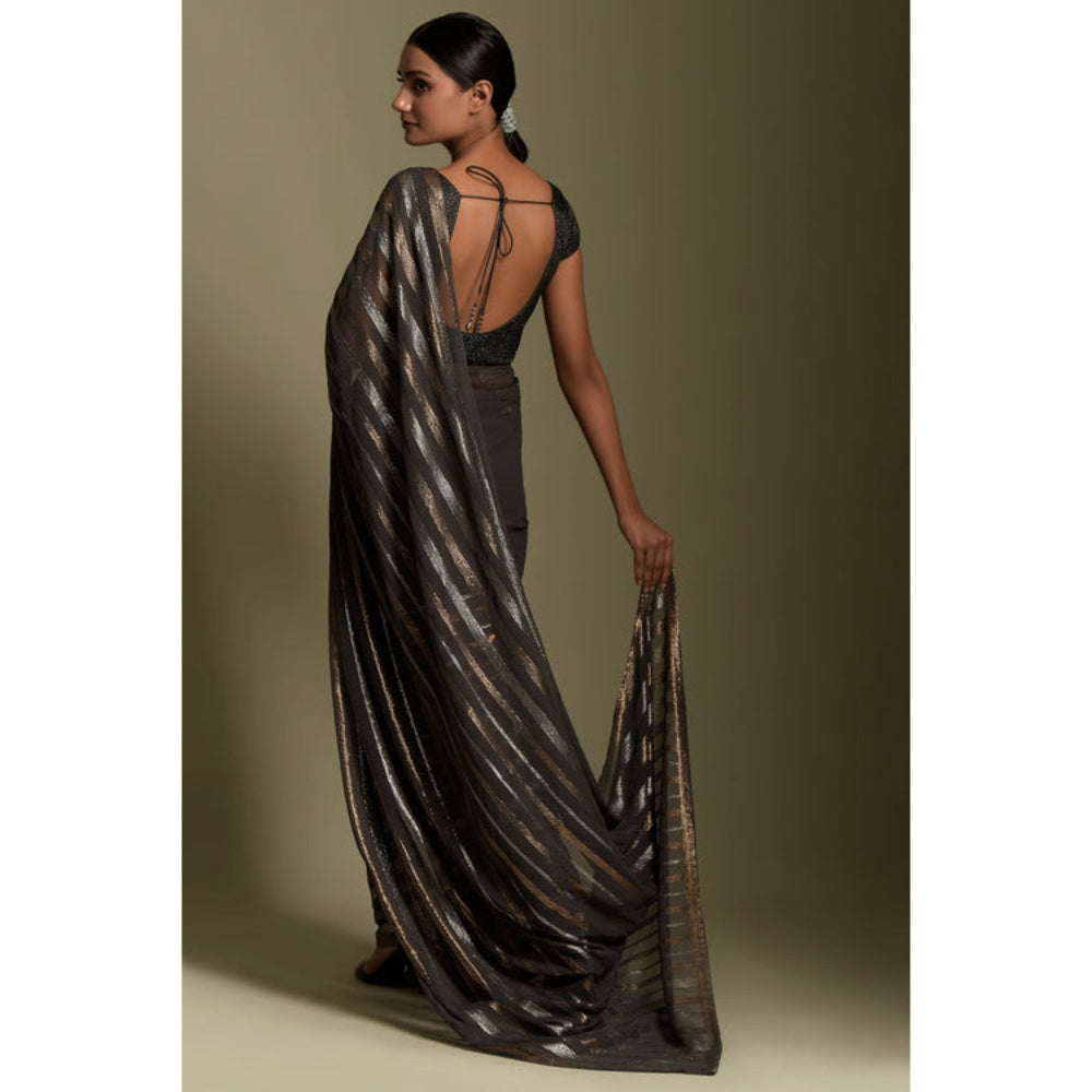 "Two Sisters" by Gyans Grey Georgette Stripes Cap Pre-draped Saree with Stitched Blouse