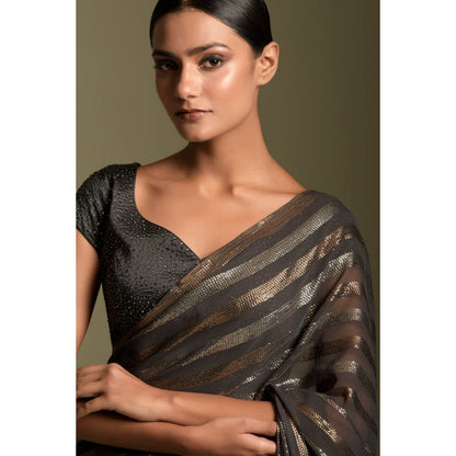 "Two Sisters" by Gyans Grey Georgette Stripes Cap Pre-draped Saree with Stitched Blouse