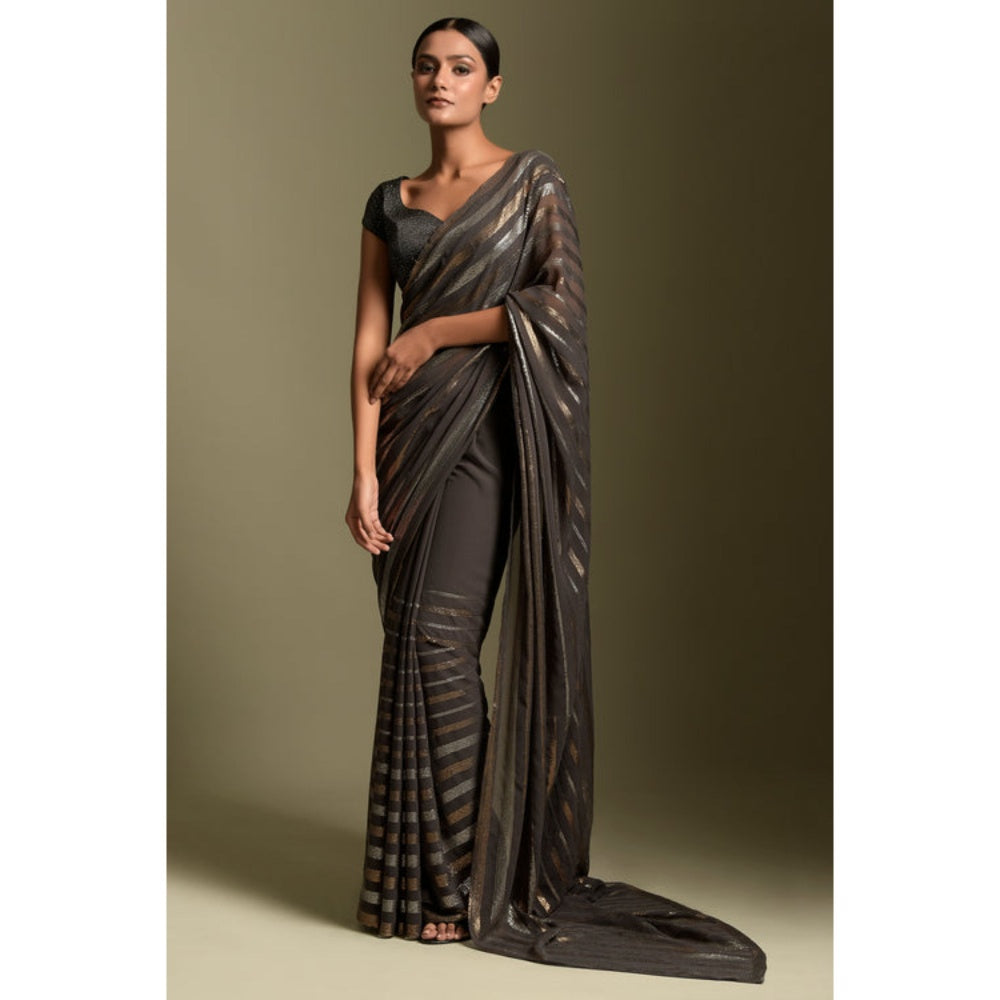 "Two Sisters" by Gyans Grey Georgette Stripes Cap Pre-draped Saree with Stitched Blouse