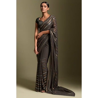"Two Sisters" by Gyans Grey Georgette Stripes Cap Pre-draped Saree with Stitched Blouse