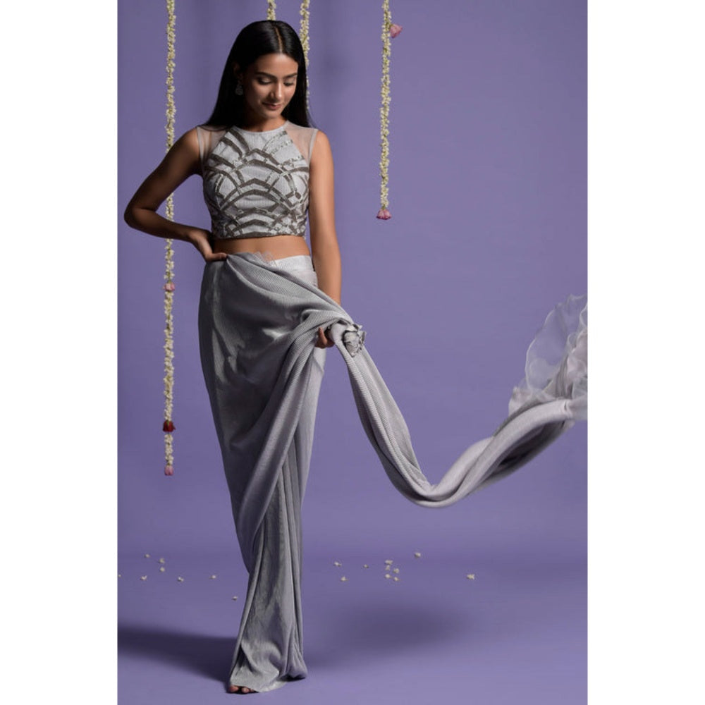"Two Sisters" by Gyans Grey and Silver Lycra Draped Saree with Stitched Blouse