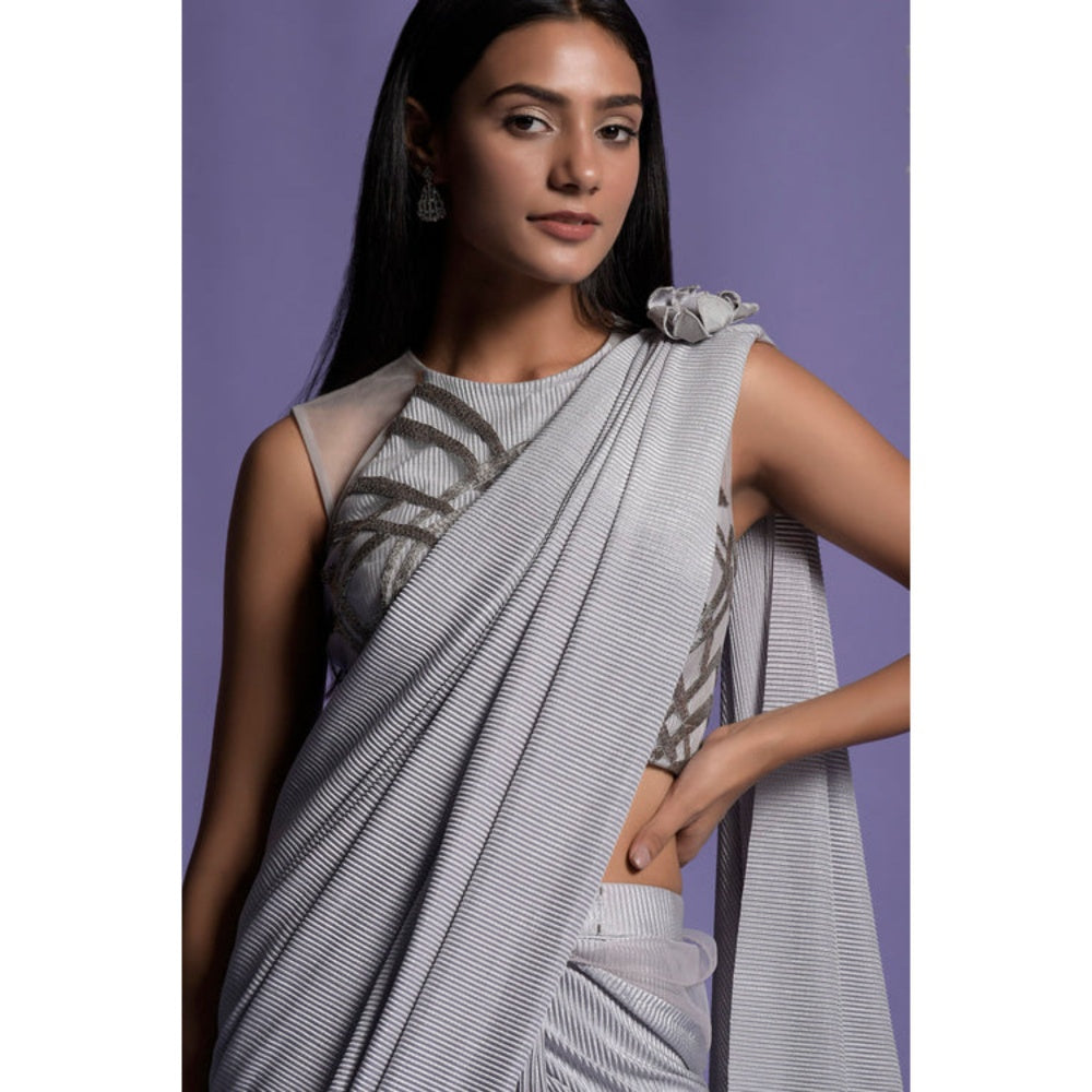 "Two Sisters" by Gyans Grey and Silver Lycra Draped Saree with Stitched Blouse
