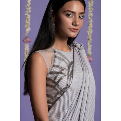 "Two Sisters" by Gyans Grey and Silver Lycra Draped Saree with Stitched Blouse