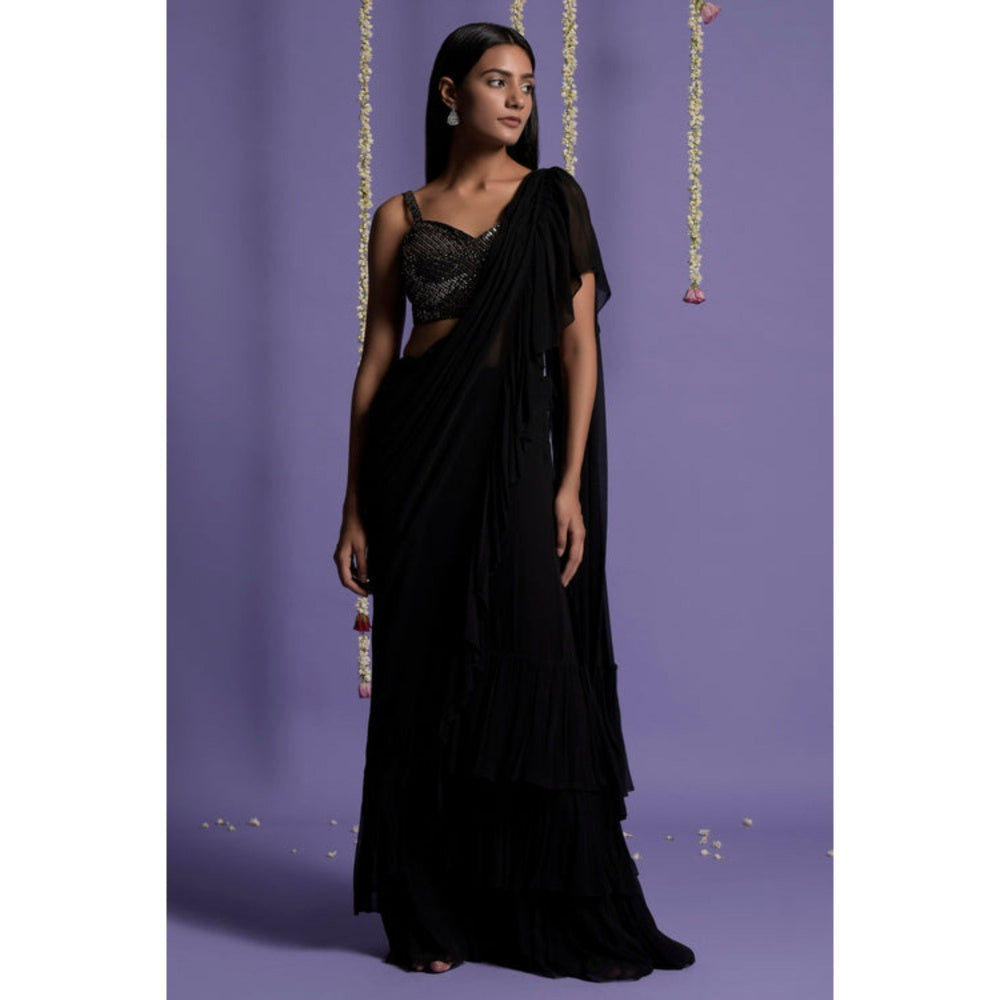 "Two Sisters" by Gyans Black Georgette Solid/Plain Pre-draped Saree with Stitched Blouse