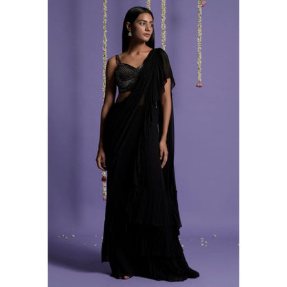 "Two Sisters" by Gyans Black Georgette Solid/Plain Pre-draped Saree with Stitched Blouse