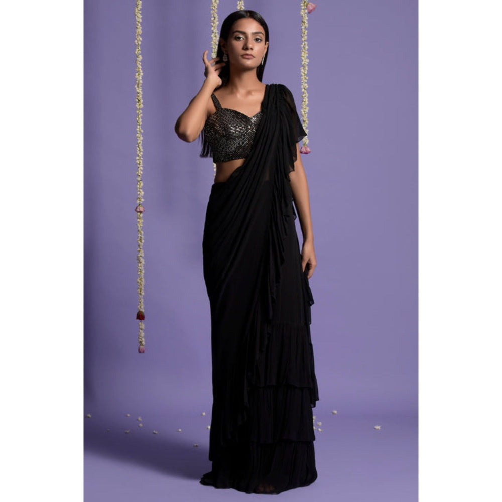 "Two Sisters" by Gyans Black Georgette Solid/Plain Pre-draped Saree with Stitched Blouse