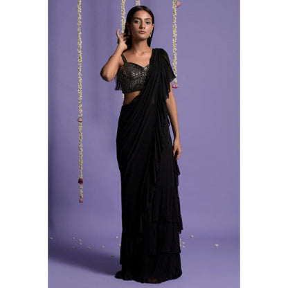 "Two Sisters" by Gyans Black Georgette Solid/Plain Pre-draped Saree with Stitched Blouse