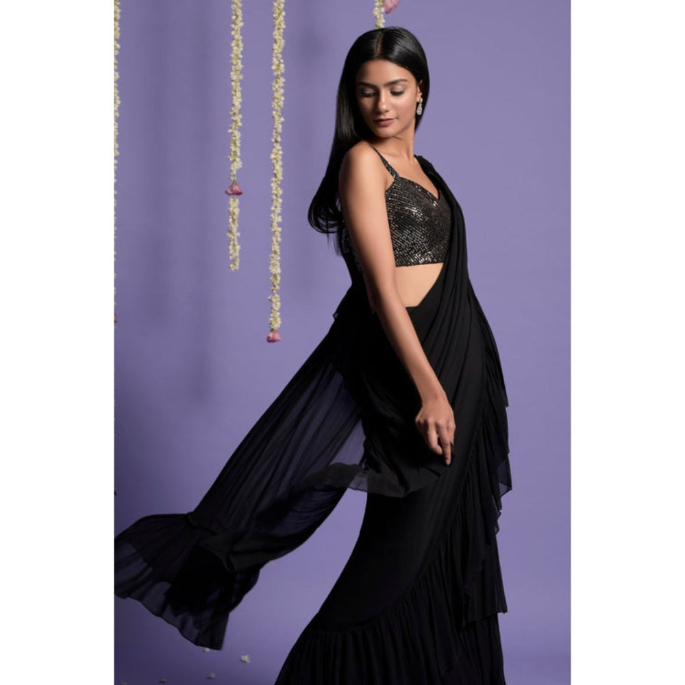 "Two Sisters" by Gyans Black Georgette Solid/Plain Pre-draped Saree with Stitched Blouse