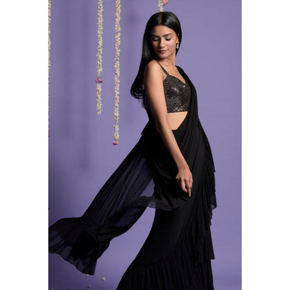 "Two Sisters" by Gyans Black Georgette Solid/Plain Pre-draped Saree with Stitched Blouse