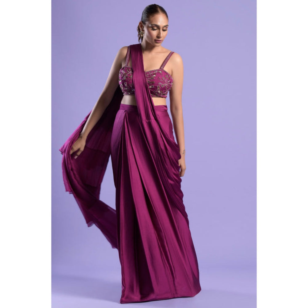 "Two Sisters" by Gyans Purple Satin Embroidered Pre-draped Saree with Stitched Blouse