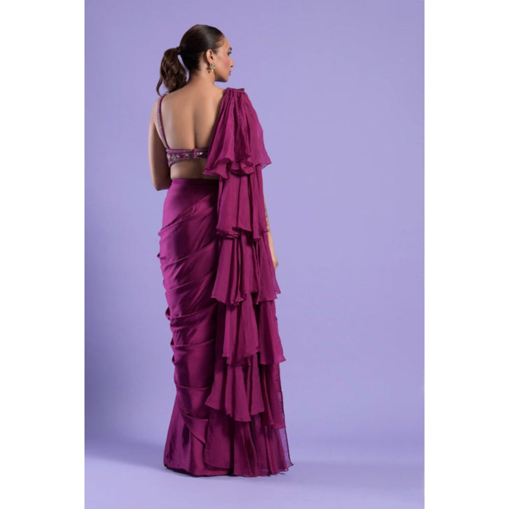 "Two Sisters" by Gyans Purple Satin Embroidered Pre-draped Saree with Stitched Blouse