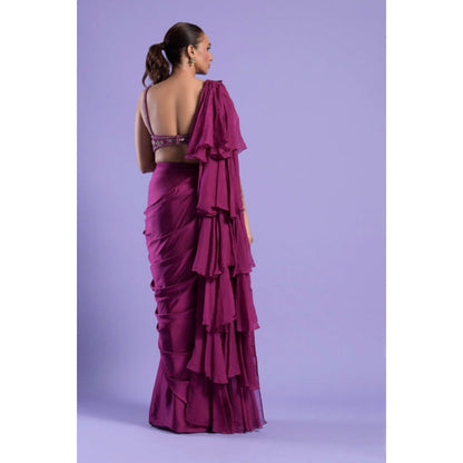 "Two Sisters" by Gyans Purple Satin Embroidered Pre-draped Saree with Stitched Blouse