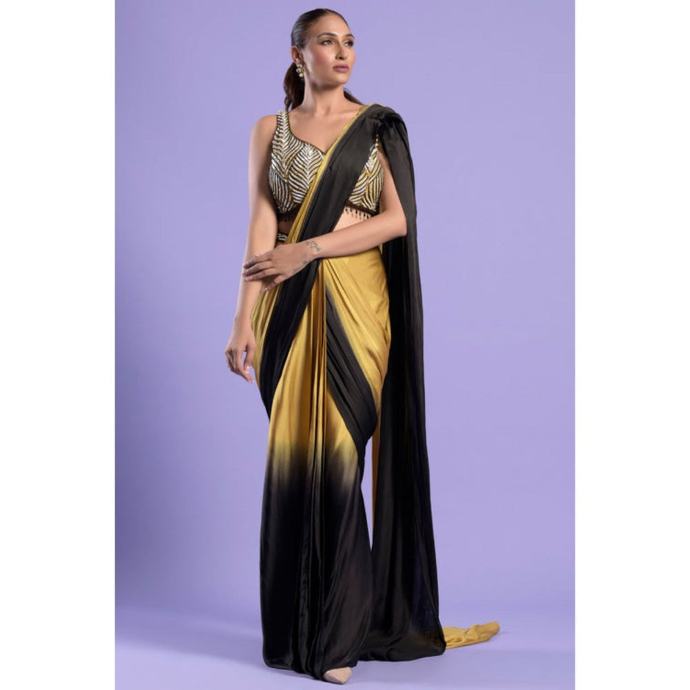 "Two Sisters" by Gyans Yellow Ombre Sleeveless Pre-draped Saree with Stitched Blouse