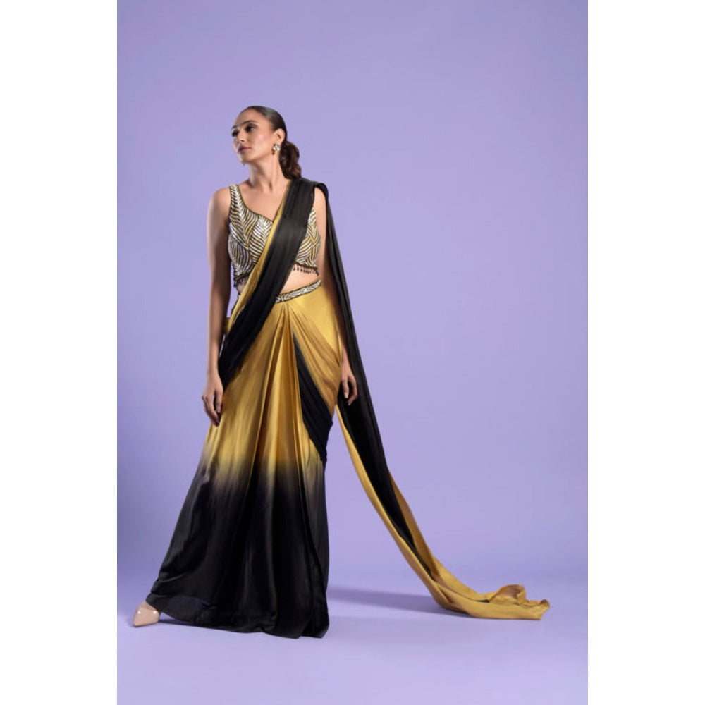 "Two Sisters" by Gyans Yellow Ombre Sleeveless Pre-draped Saree with Stitched Blouse