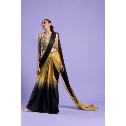 "Two Sisters" by Gyans Yellow Ombre Sleeveless Pre-draped Saree with Stitched Blouse