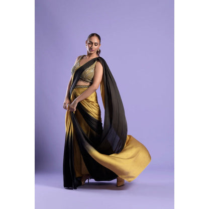 "Two Sisters" by Gyans Yellow Ombre Sleeveless Pre-draped Saree with Stitched Blouse