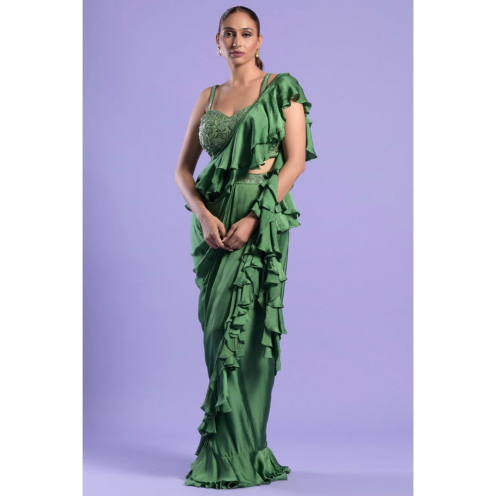 "Two Sisters" by Gyans Green Satin Solid/Plain Pre-draped Saree with Stitched Blouse