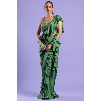 "Two Sisters" by Gyans Green Satin Solid/Plain Pre-draped Saree with Stitched Blouse