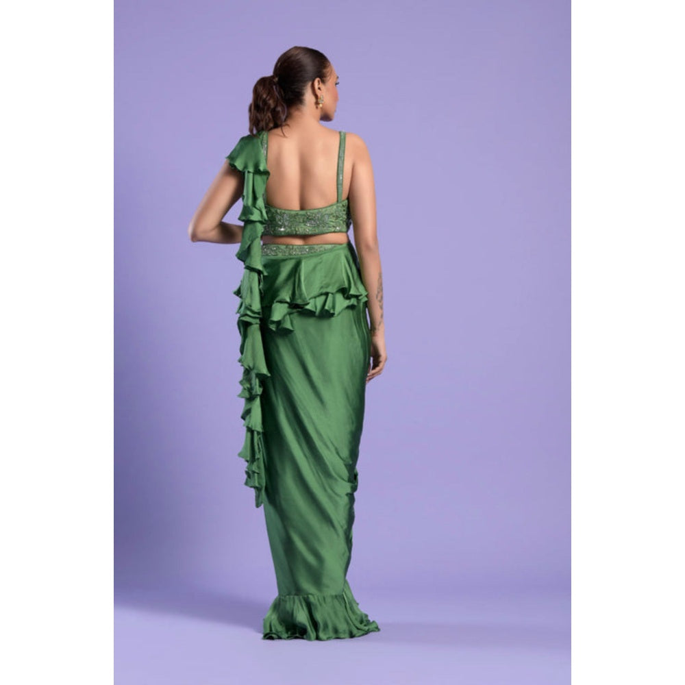 "Two Sisters" by Gyans Green Satin Solid/Plain Pre-draped Saree with Stitched Blouse