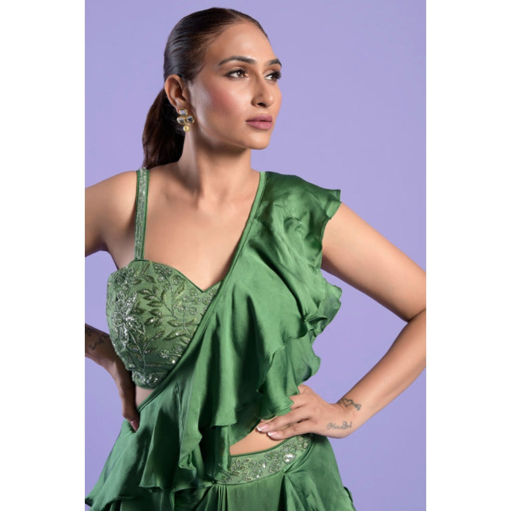 "Two Sisters" by Gyans Green Satin Solid/Plain Pre-draped Saree with Stitched Blouse