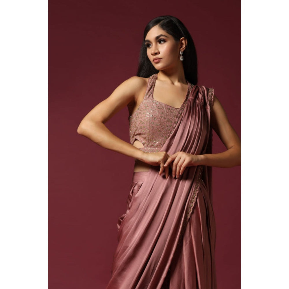 "Two Sisters" by Gyans Pink Satin Solid/Plain Pre-draped Saree with Stitched Blouse