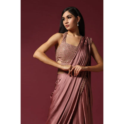 "Two Sisters" by Gyans Pink Satin Solid/Plain Pre-draped Saree with Stitched Blouse