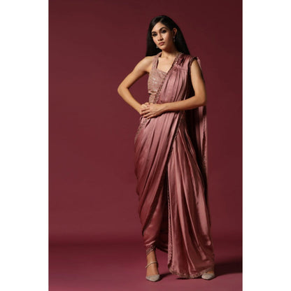 "Two Sisters" by Gyans Pink Satin Solid/Plain Pre-draped Saree with Stitched Blouse