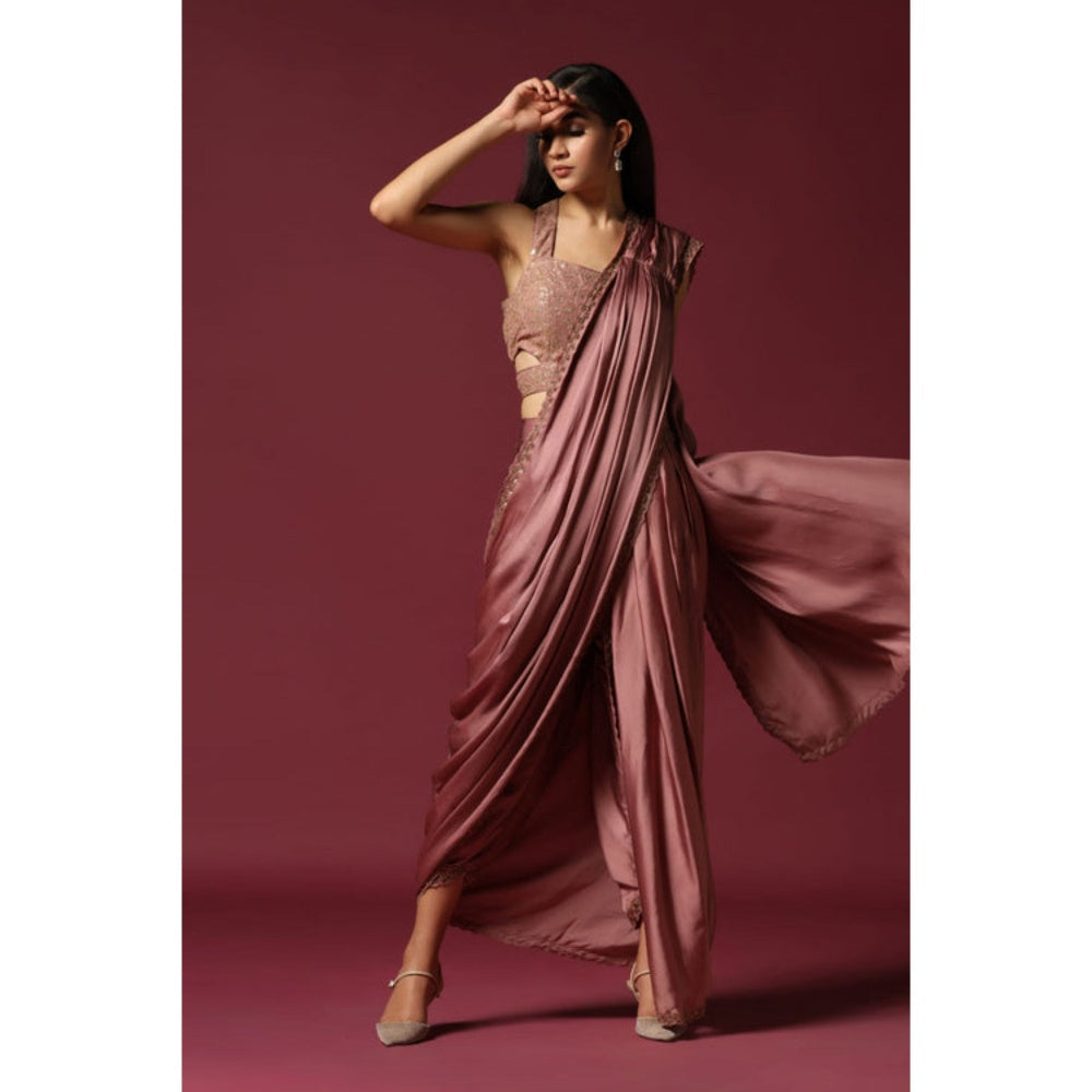"Two Sisters" by Gyans Pink Satin Solid/Plain Pre-draped Saree with Stitched Blouse