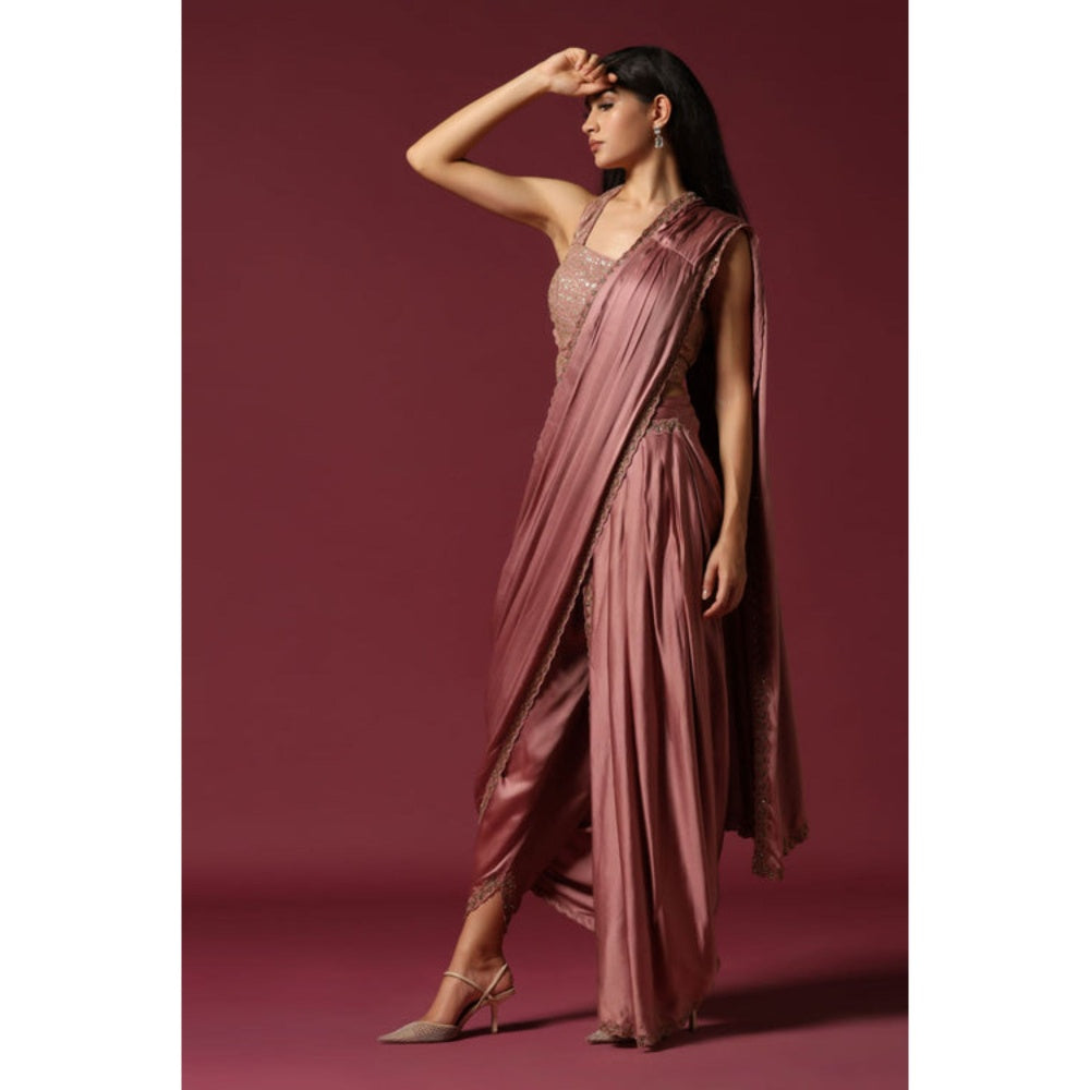 "Two Sisters" by Gyans Pink Satin Solid/Plain Pre-draped Saree with Stitched Blouse