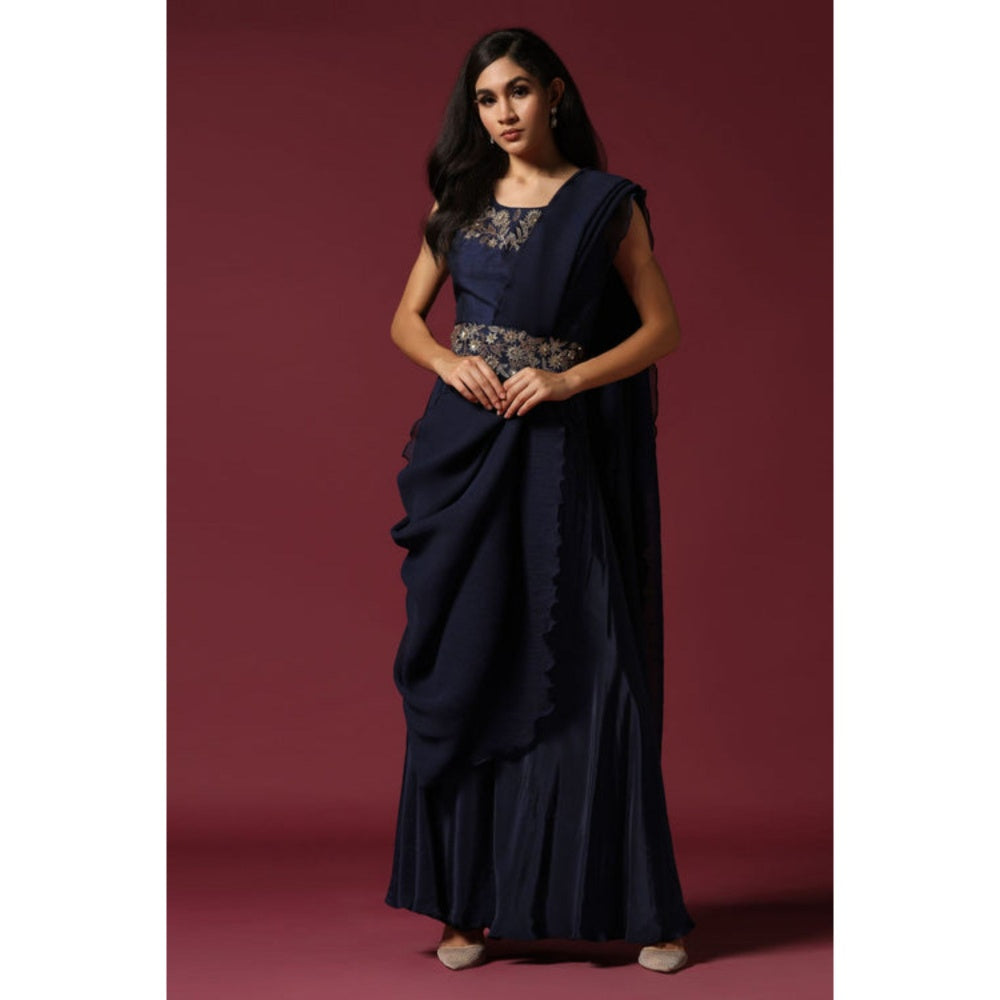 "Two Sisters" by Gyans Navy Blue Pre-Draped Saree with Stitched Blouse with A Belt