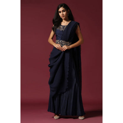"Two Sisters" by Gyans Navy Blue Pre-Draped Saree with Stitched Blouse with A Belt
