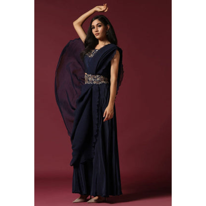 "Two Sisters" by Gyans Navy Blue Pre-Draped Saree with Stitched Blouse with A Belt