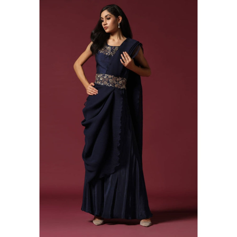 "Two Sisters" by Gyans Navy Blue Pre-Draped Saree with Stitched Blouse with A Belt