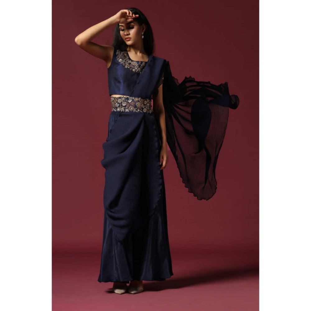 "Two Sisters" by Gyans Navy Blue Pre-Draped Saree with Stitched Blouse with A Belt
