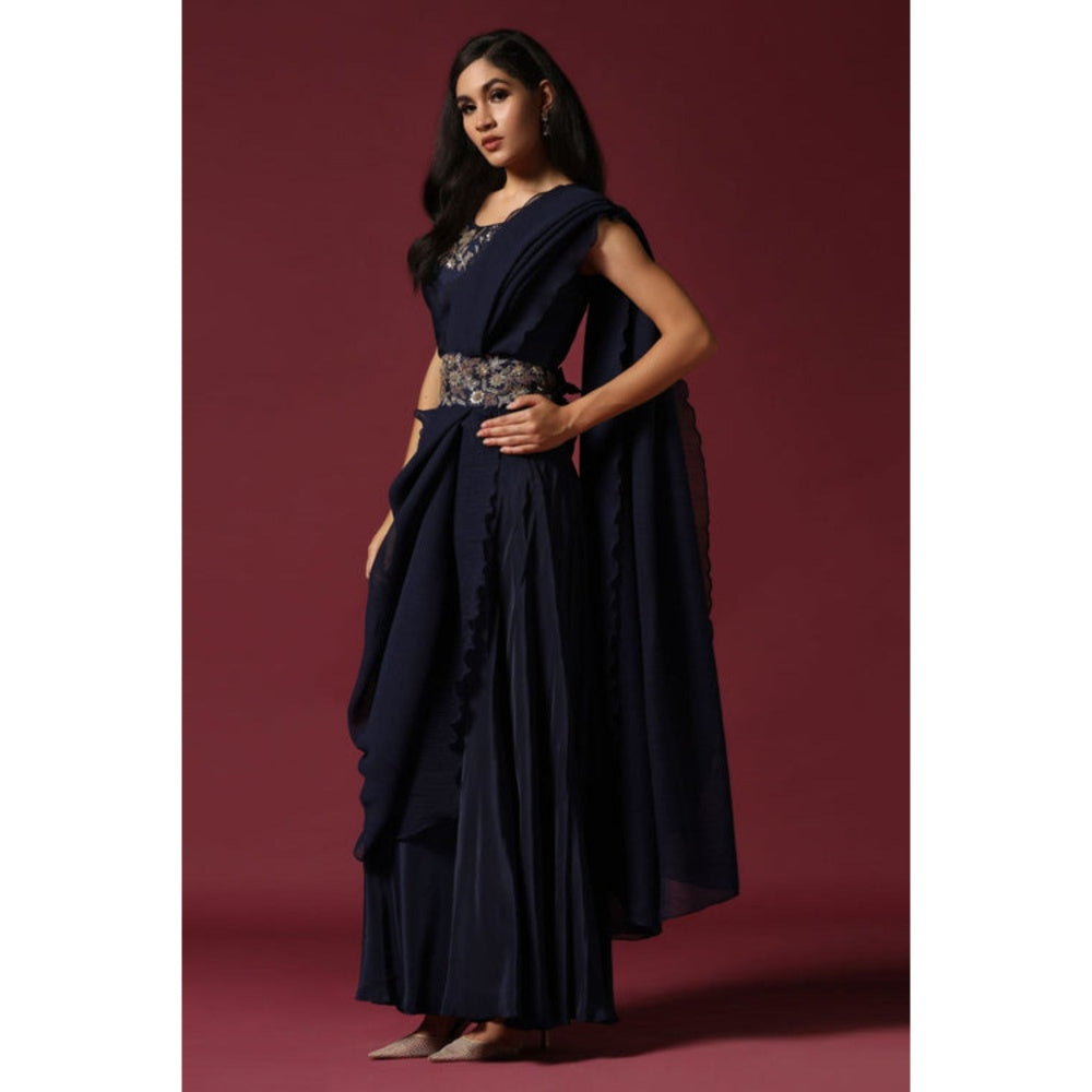 "Two Sisters" by Gyans Navy Blue Pre-Draped Saree with Stitched Blouse with A Belt