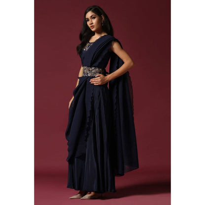 "Two Sisters" by Gyans Navy Blue Pre-Draped Saree with Stitched Blouse with A Belt