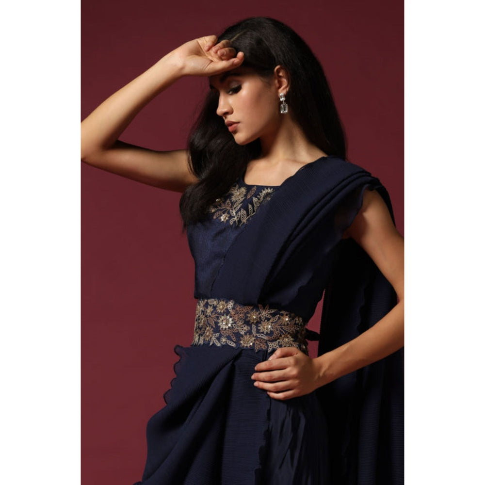 "Two Sisters" by Gyans Navy Blue Pre-Draped Saree with Stitched Blouse with A Belt