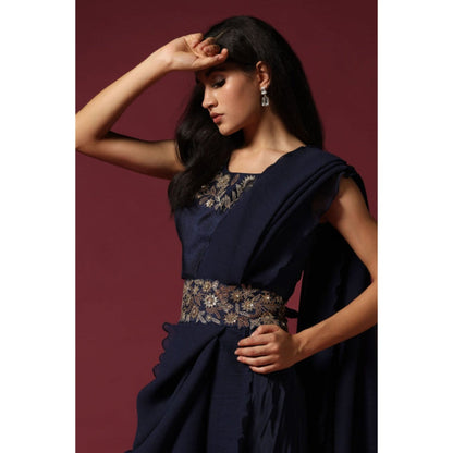"Two Sisters" by Gyans Navy Blue Pre-Draped Saree with Stitched Blouse with A Belt