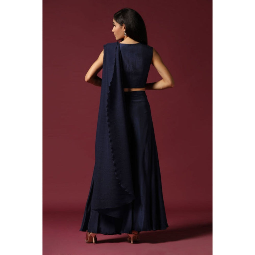 "Two Sisters" by Gyans Navy Blue Pre-Draped Saree with Stitched Blouse with A Belt