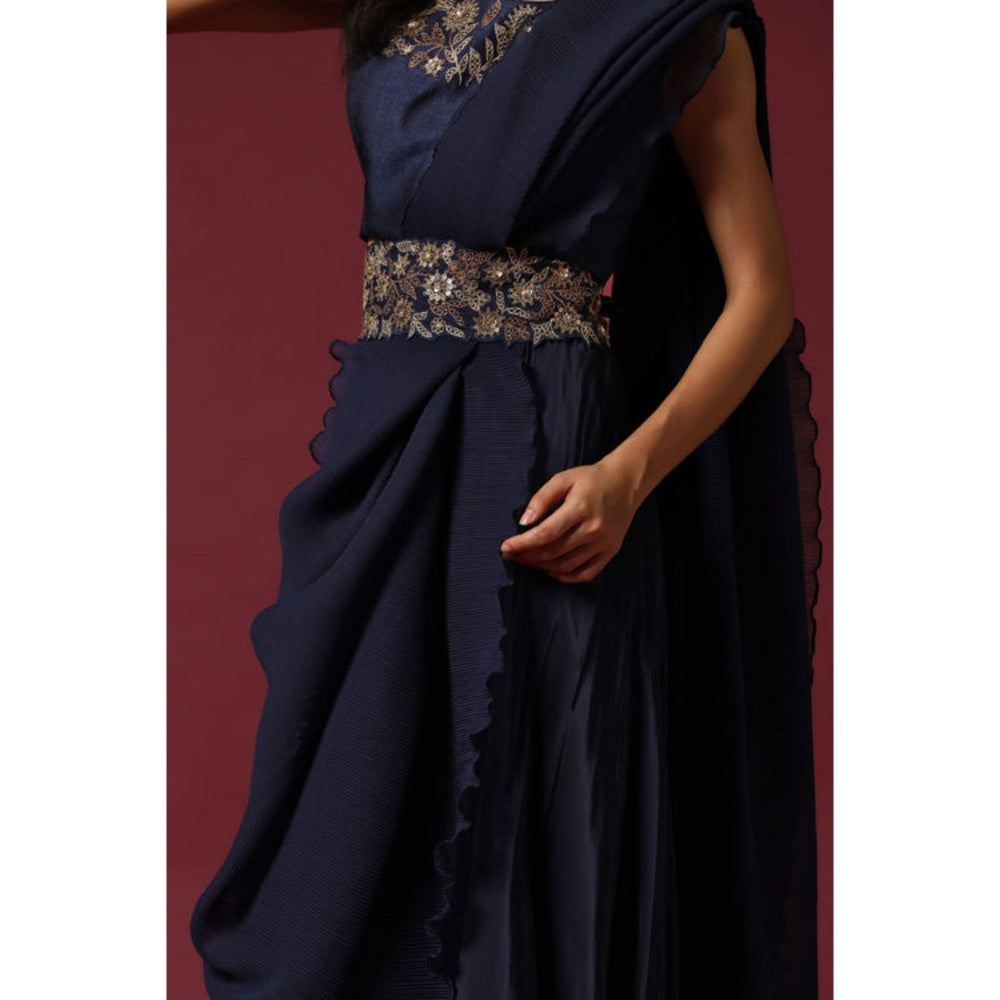 "Two Sisters" by Gyans Navy Blue Pre-Draped Saree with Stitched Blouse with A Belt