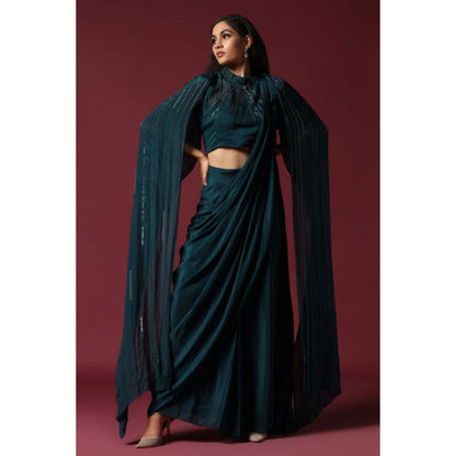 "Two Sisters" by Gyans Teal Green Pre-Draped Saree with A Shoulder Cape