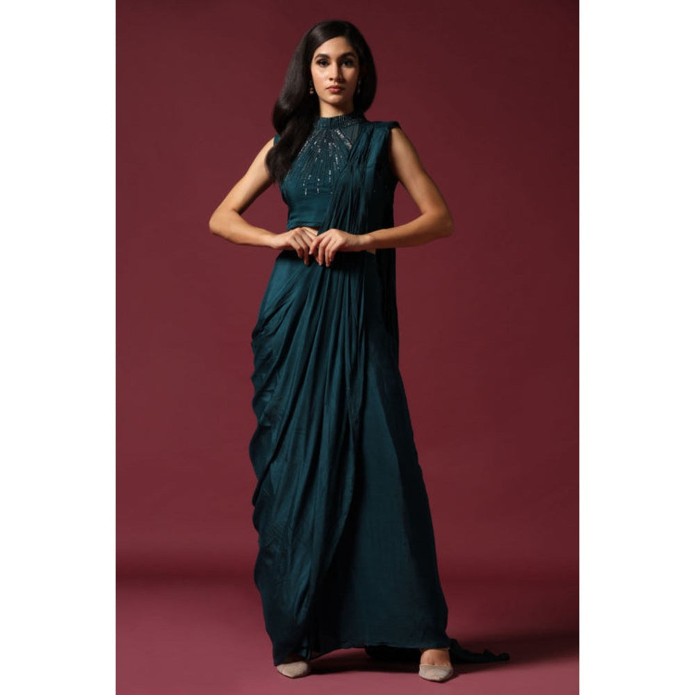 "Two Sisters" by Gyans Teal Green Pre-Draped Saree with A Shoulder Cape