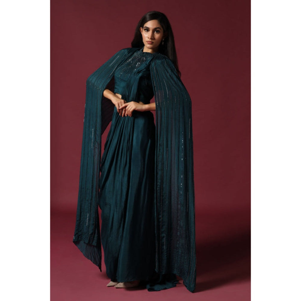 "Two Sisters" by Gyans Teal Green Pre-Draped Saree with A Shoulder Cape