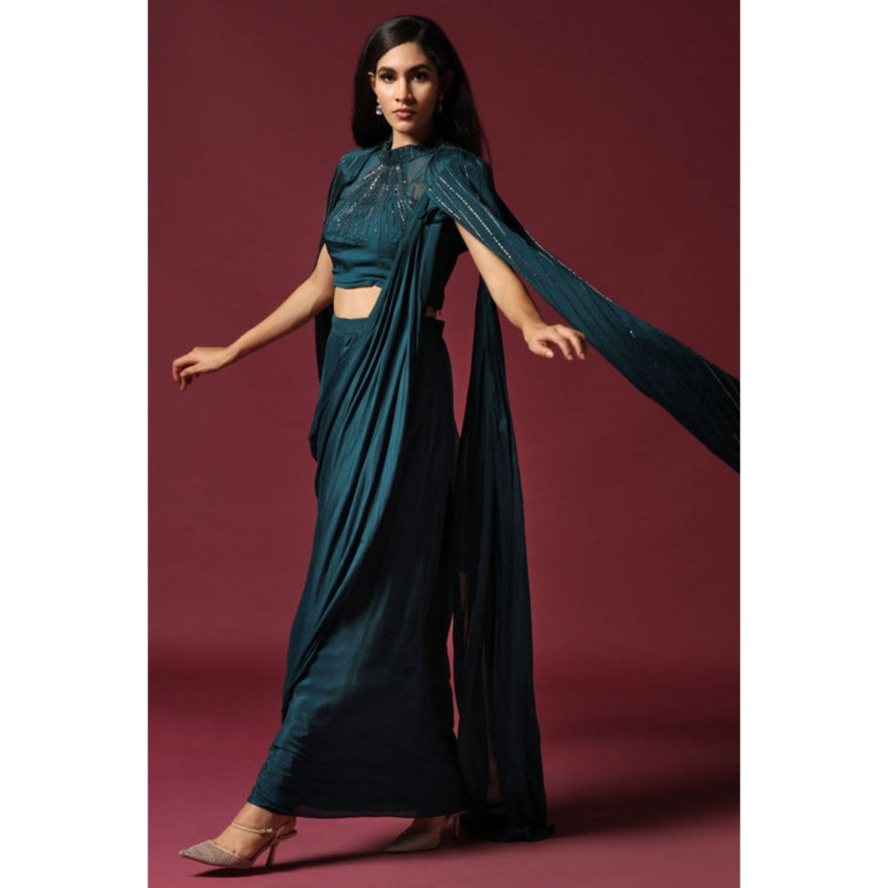 "Two Sisters" by Gyans Teal Green Pre-Draped Saree with A Shoulder Cape