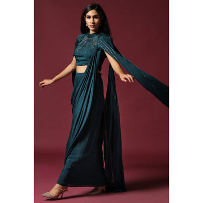 "Two Sisters" by Gyans Teal Green Pre-Draped Saree with A Shoulder Cape